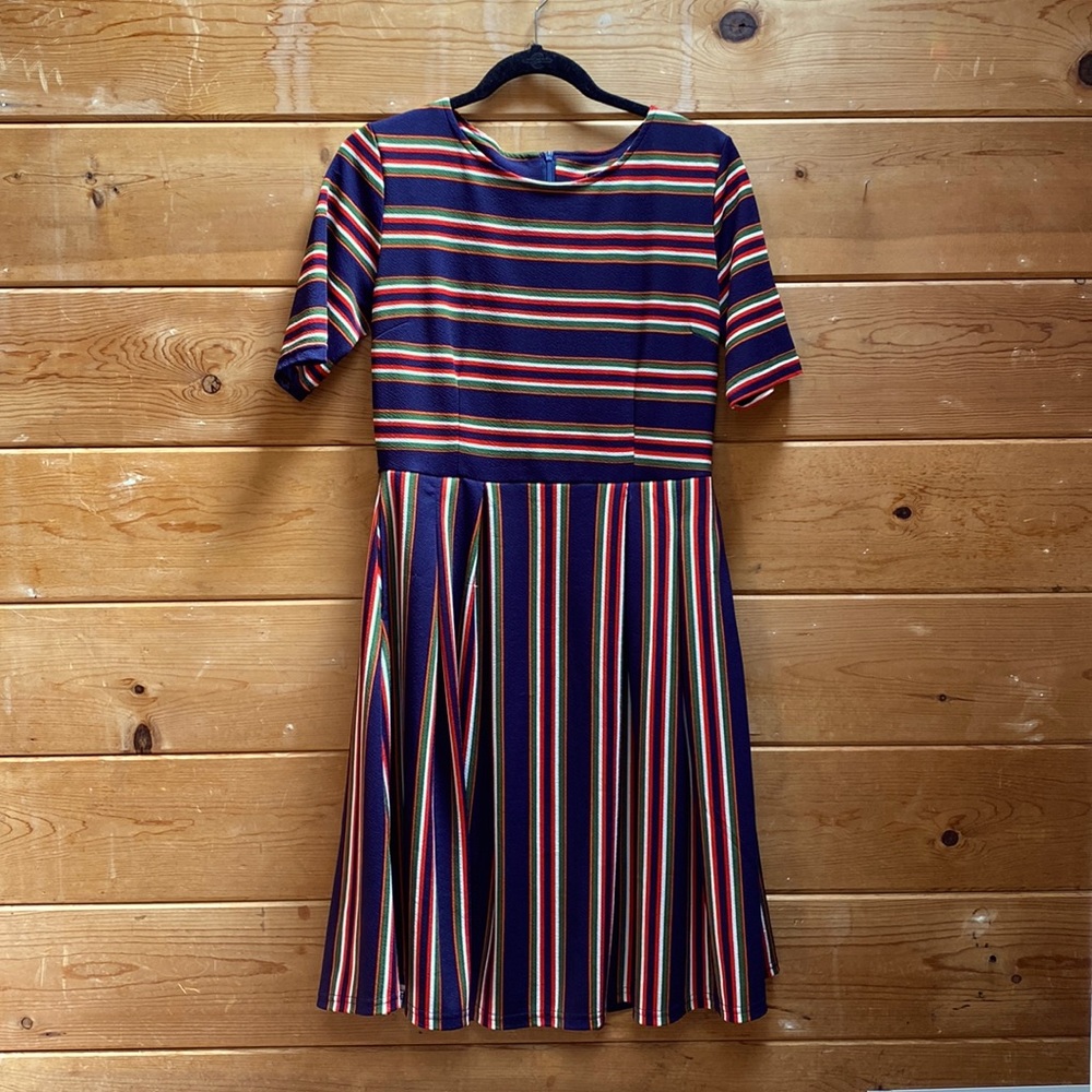 Dark blue striped mid-length dress, L